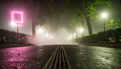 Neon Sign in Rain Slicked City Alley. Wedding Concept. Generated Image