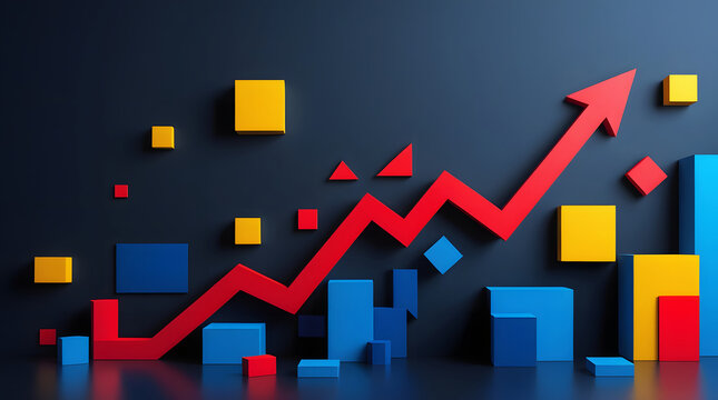 Abstract data visualization with vibrant geometric shapes, symbolizing business analytics on a dark background, a business graph with an arrow