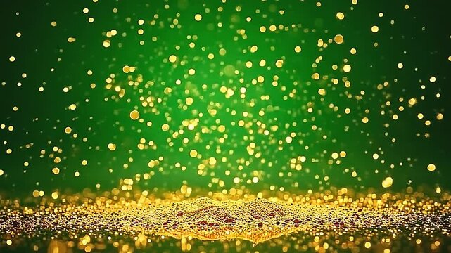 Against a glowing green background, explode gold glitter background shines intensely, golden particles scattering sharply in lively, radiant patterns.