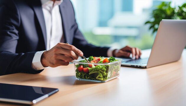A Middle Eastern professional enjoying a clean and nutritious meal at his organized office desk to support his health and work focus