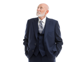 Elderly Caucasian male business consultant in a navy three-piece suit on a transparent background concept for leadership strategy vision and corporate communication