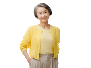 Elderly Asian female senior advisor in a yellow cardigan and formal trousers on a transparent background, concept for age-positive advertising, senior lifestyle branding and diversity representation