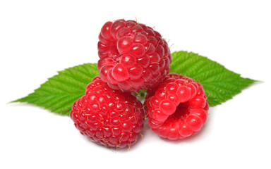 Group of raspberries with leaves isolated on white background. Healthy vegetarian berry, juice, food