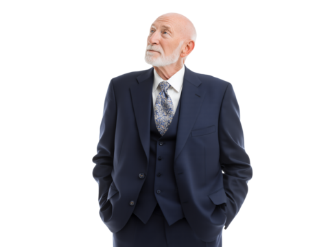 Elderly Caucasian male business consultant in a navy three-piece suit on a transparent background concept for leadership strategy vision and corporate communication