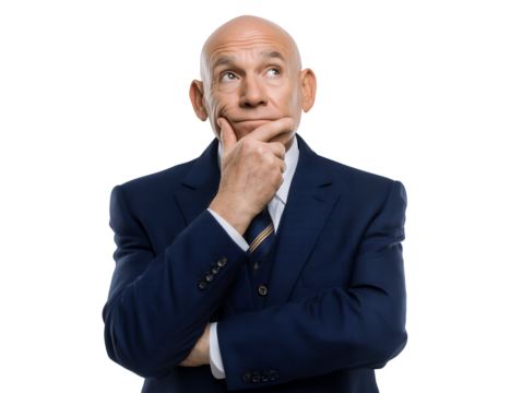 Bald senior executive in navy suit contemplating with hand on chin on a transparent background, concept for strategic planning, problem-solving and executive decisions