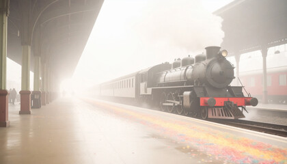 Obraz premium Vintage Train Platform with Confetti Departure . Wedding Concept. Generated Image