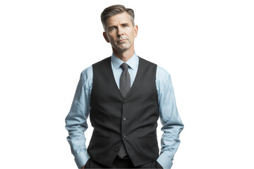 Fototapeta premium Portrait of Mature Caucasian male a senior manager in a vest against a black backdrop, concept for corporate leadership, business meeting and executive portrait on a transparent background