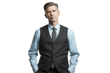 Portrait of Mature Caucasian male a senior manager in a vest against a black backdrop, concept for corporate leadership, business meeting and executive portrait on a transparent background