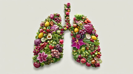 Human lungs illustrated using organic fruits and vegetables, symbolizing wellness and healthy living, isolated on transparent background 