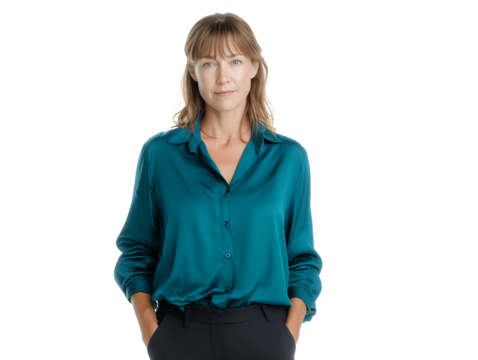 Elegant mid-career mature Caucasian female project manager in turquoise blouse on a transparent background. Concept for corporate leadership, career advancement and confident professionalism