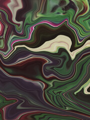 An abstract painting with swirling patterns in green, cream, maroon, and black tones, creating a rich, earthy, and organic visual effect.

