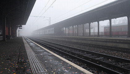 Obraz premium Vintage Train Platform with Confetti Departure . Wedding Concept. Generated Image