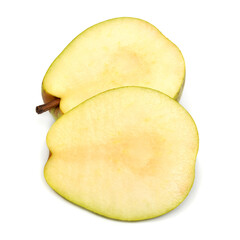 Two halves of cut green pear isolated on white background. Sliced. Flat lay, top view