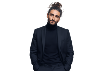 handsome Middle Eastern male startup founder with bun hairstyle in elegant black suit on a transparent background, concept for executive profile, brand ambassador and corporate advertising