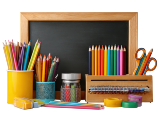 Colorful school supplies arranged before a wooden framed chalkboard pencils crayons, Png Transparent, Isolated on White
