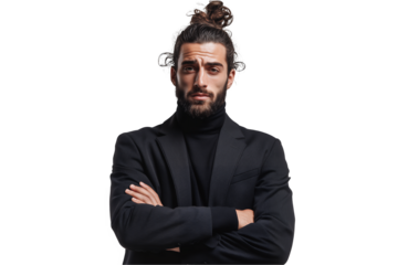 Portrait of a bearded Middle Eastern male entrepreneur with arms crossed on a transparent background, concept for leadership presentation, business strategy and corporate branding