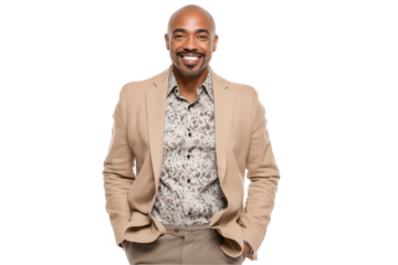 Smiling middle-aged African American businessman wearing tan suit on a transparent background, concept for executive leadership presentation, sales management and entrepreneurship marketing