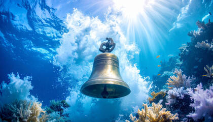 Underwater Ceremony Bell on Coral Reef
. Wedding Concept. Generated Image