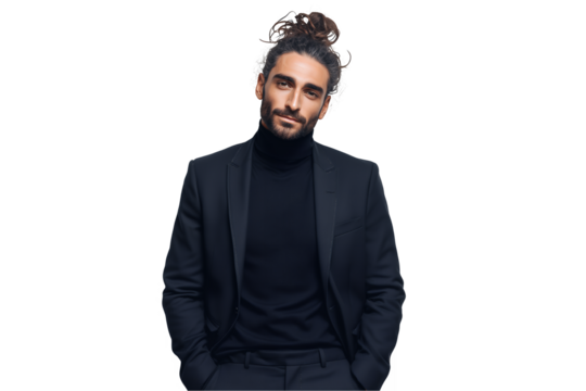 handsome Middle Eastern male startup founder with bun hairstyle in elegant black suit on a transparent background, concept for executive profile, brand ambassador and corporate advertising