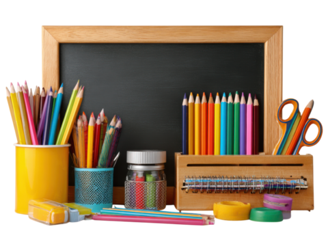 Colorful school supplies arranged before a wooden framed chalkboard pencils crayons, Png Transparent, Isolated on White