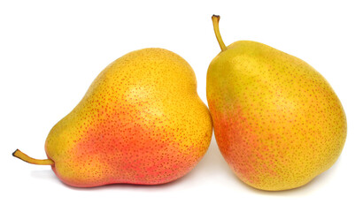 Two beautiful red and yellow pears isolated on white background. Juice, food