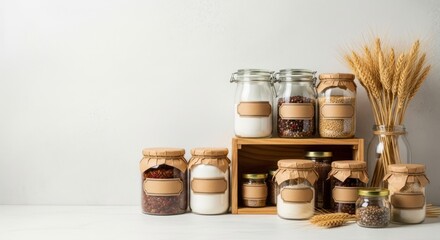 Jars Filled With Spices Wheat Flour and Grains Showcase Kitchen Pantry in Glass Storage Containers With Blank Labels on