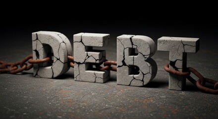 The image powerfully conveys the concept of debt through cracked, stone letters bound by a rusted chain, symbolizing burden and financial strain. 200 chars