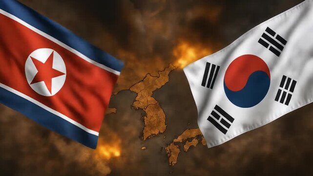 North Korean and South Korean flags positioned over cracked scorched earth map with explosive flames above symbolizing armed war conflict and destruction between North Korea and South Korea
