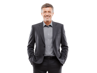 Smiling mature businessman in a suit posing on a transparent background concept for executive leadership presentation, corporate communications strategy and business development initiative