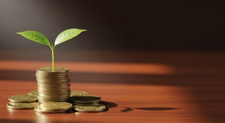 Financial Growth Concept Young Sprout Growing from Stack of Coins Investments Saving Economy Banking Success Future