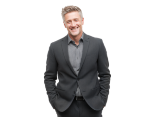 Smiling middle-aged Caucasian male senior manager in a suit, posing on a transparent background, concept for business communication, leadership representation and corporate executive profile