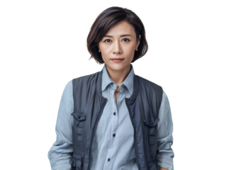 middle-aged Asian female quality control supervisor in blue striped shirt and vest on a transparent background, concept for corporate communication, internal branding and business presentation