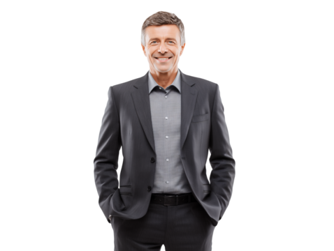 Smiling mature businessman in a suit posing on a transparent background concept for executive leadership presentation, corporate communications strategy and business development initiative - Powered by Adobe