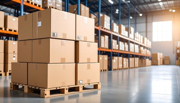 Stack of recycled cardboard boxes in modern warehouse