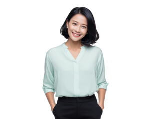 middle-aged East Asian female team supervisor in a light green shirt and black pants on a transparent background concept for business presentations professional headshots and corporate website profile