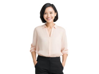 Confident Asian female manager smiling with her hands in her pockets on a transparent background, concept for corporate communication, career development and HR recruitment material