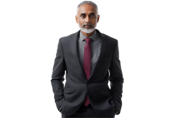 Mature gray haired Indian male CEO with his hands in his pockets posing on a transparent background concept for executive portrait, professional profile and leadership material