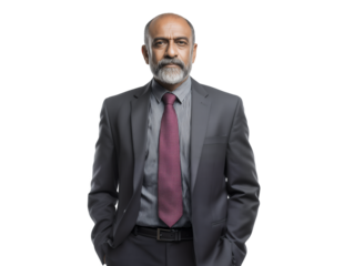 A middle-aged Indian male legal advisor in a formal suit stands confidently with a beard on a transparent background, concept for executive portraits, corporate leadership and professional branding.
