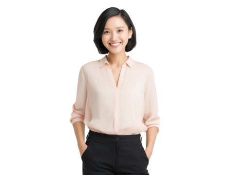 Confident Asian female manager smiling with her hands in her pockets on a transparent background, concept for corporate communication, career development and HR recruitment material