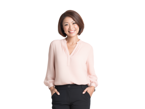 Smiling Asian businesswoman with short hair stands on a transparent background, concept for corporate presentation, business communication and career development