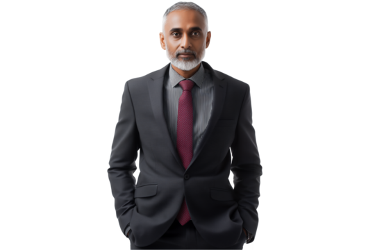 Mature gray haired Indian male CEO with his hands in his pockets posing on a transparent background concept for executive portrait, professional profile and leadership material
