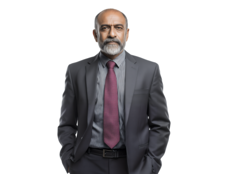 A middle-aged Indian male legal advisor in a formal suit stands confidently with a beard on a transparent background, concept for executive portraits, corporate leadership and professional branding.