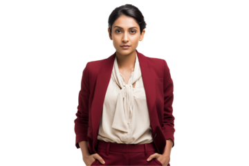 middle-aged South Asian female compliance officer in burgundy suit looking at camera on a transparent background, concept for professional profile, corporate presentation and leadership banner