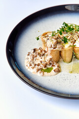 Delicious Savory Cannelloni with Creamy Mushroom Sauce and Fresh Microgreens Served on a Elegant Plate