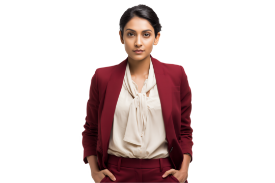 middle-aged South Asian female compliance officer in burgundy suit looking at camera on a transparent background, concept for professional profile, corporate presentation and leadership banner