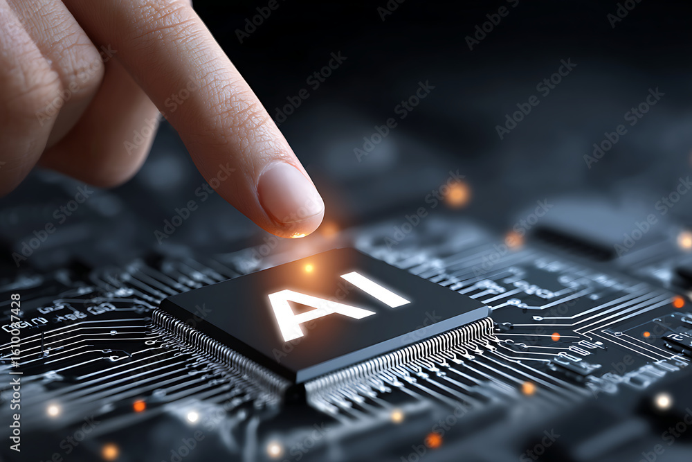 Poster exploring artificial intelligence through the activation of a microchip with a finger touch in a mod