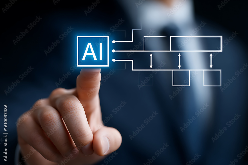 Poster business professional interacts with artificial intelligence interface in a modern technology settin