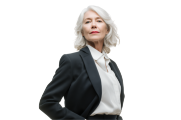 Confident senior businesswoman in dark blazer and white shirt on a transparent background concept for executive leadership presentation corporate communications and professional coaching sessions