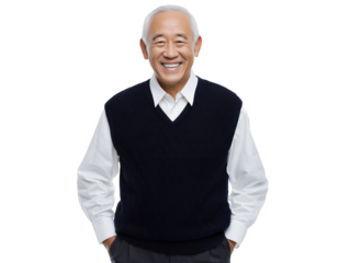 Smiling senior Asian executive in a sweater vest with his hands in pockets on a transparent background, concept for executive portraits corporate communications and leadership profiles