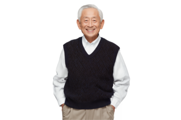 Smiling ssenior East Asian male tax consultant with hands in pockets on a transparent background, concept for insurance advertisement, retirement planning and financial consulting